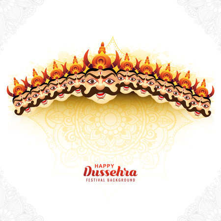 Happy dussehra celebration angry ravan with ten heads and bow card background