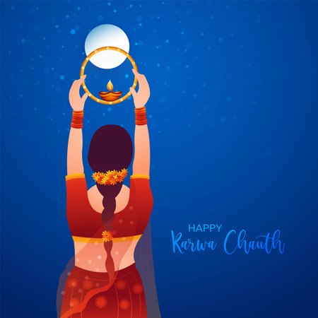 Karwa chauth festival card with indian woman celebration backgroundのイラスト素材