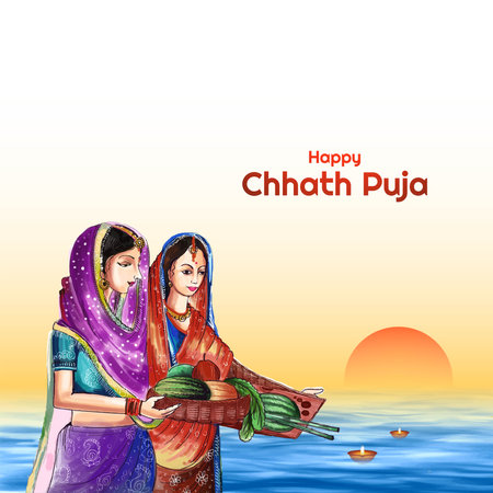 Happy chhath puja holiday background for Sun festival of indiaのイラスト素材