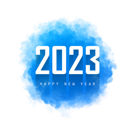 2023 happy new year card with blue splash watercolor background