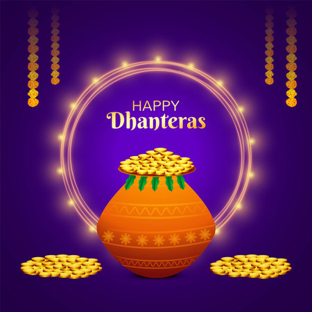 Happy dhanteras festival for gold coin in pot card backgroundのイラスト素材