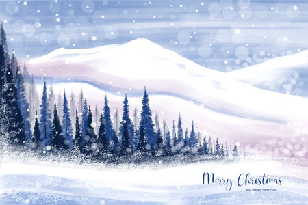 Winter landscape with falling christmas snow and tree holiday card backgroundのイラスト素材