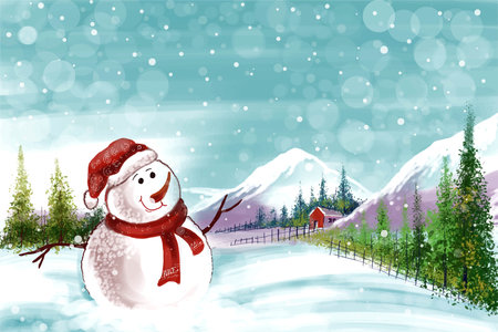 New year and christmas tree winter landscape background with snowman card designのイラスト素材