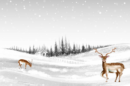 New year and christmas tree winter landscape background with reindeersのイラスト素材