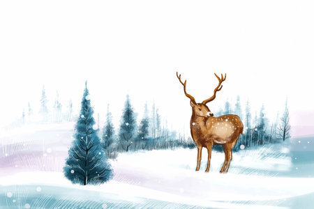 New year and christmas tree winter landscape background with reindeerのイラスト素材