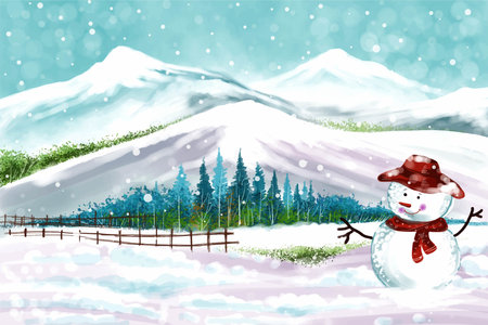 New year and christmas tree winter landscape background with snowman card designのイラスト素材