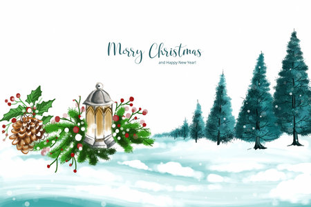 Winter landscape with falling christmas snow and tree holiday card backgroundのイラスト素材