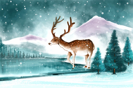 Beautiful christmas landscape in winter with christmas deer card backgroundのイラスト素材