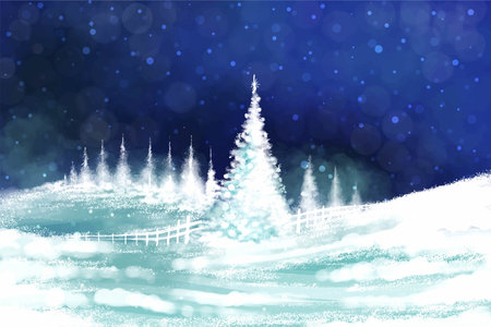Winter landscape with falling christmas snow and tree holiday card backgroundのイラスト素材