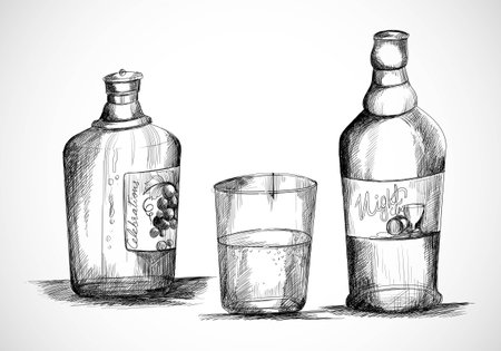 Hand drawn whiskey bottle with drinking glass sketch designのイラスト素材