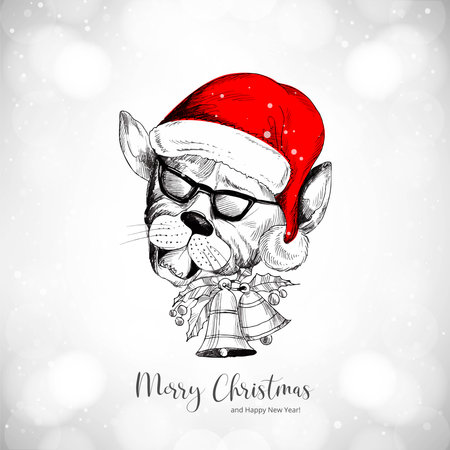 Hand draw christmas dog face with santa cap sketch on white backgroundのイラスト素材