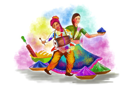 Beautiful couple playing festival of colors happy holi colorful backgroundのイラスト素材
