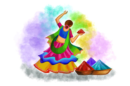 Hand draw fun women character celebrate colorful holi card backgroundのイラスト素材