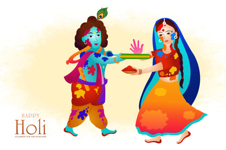 Holi greetings with joyful krishna and radha playing with colors illustration backgroundのイラスト素材