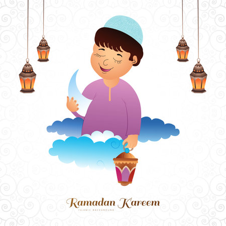 Ramadan kareem greeting card with beautiful muslim kids holding arabic lantern designのイラスト素材