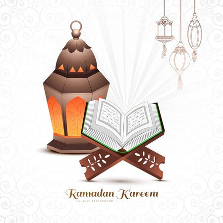 Holy book of the koran on the stand with arabic lamps ramadan kareem card backgroundのイラスト素材