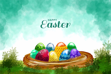 Happy easter colorful painted egg and rabbit ears card background