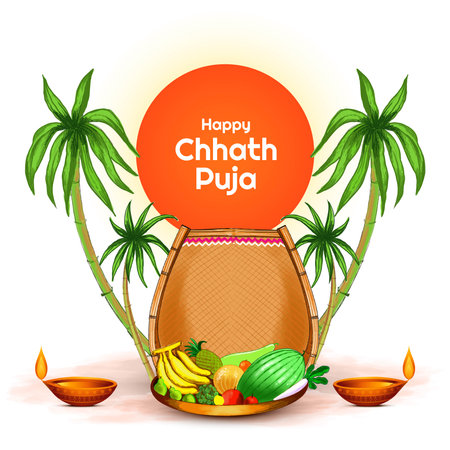 Indian celebration for happy chhath puja with background and sunのイラスト素材