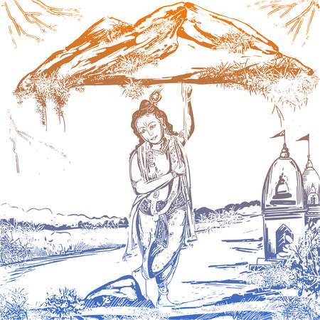 Govardhan puja with lord krishna hand draw sketch card backgroundのイラスト素材