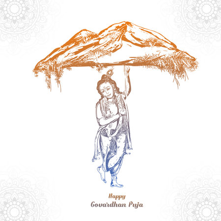 Govardhan puja with lord krishna hand draw sketch card backgroundのイラスト素材