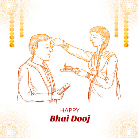 Hand draw sketch happy bhai dooj indian festival brother and sister card designのイラスト素材