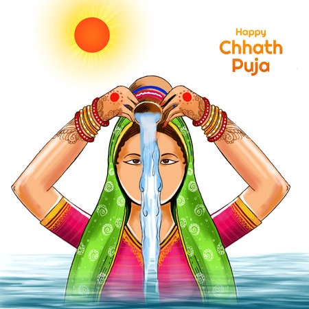 Indian women for happy chhath puja with background and sunのイラスト素材