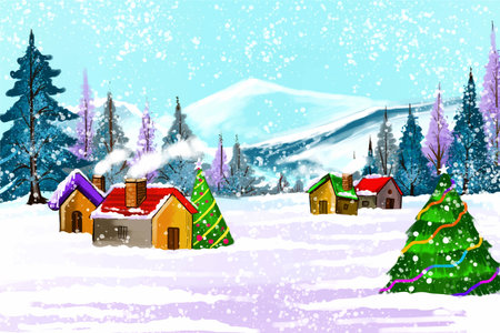Winter landscape with snow-covered houses and christmas tree backgroundのイラスト素材