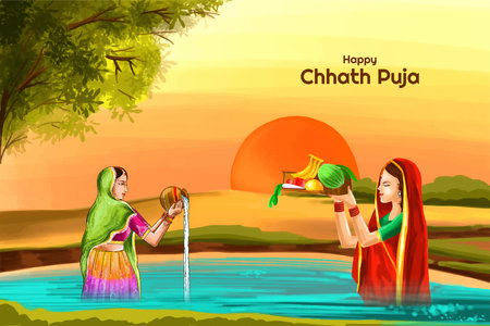 Happy chhath puja traditional indian festival card landscape backgroundのイラスト素材