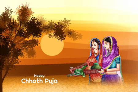 Happy chhath puja holiday card for sun festival of india landscape designのイラスト素材