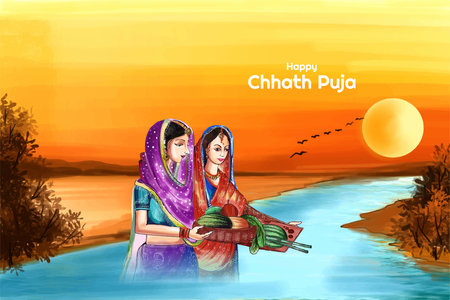 Happy chhath puja holiday landscape background for sun festival of indiaのイラスト素材