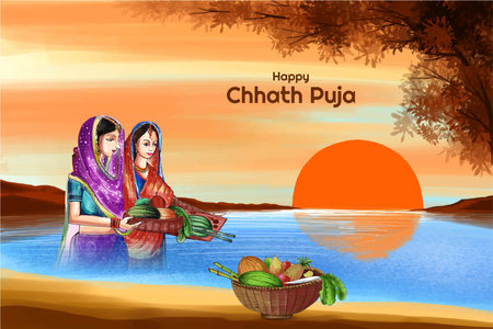 Happy chhath puja holiday card for sun festival of india landscape designのイラスト素材