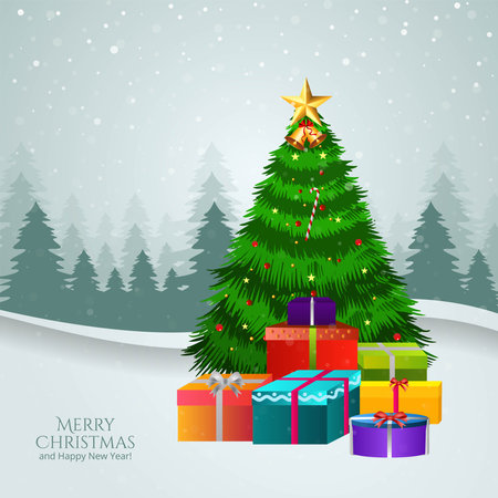 Christmas tree with decorations, presents and santa gifts card backgroundのイラスト素材