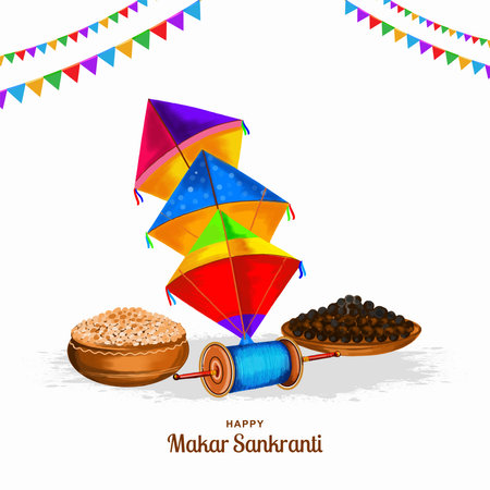Makar sankranti celebration with colorful kites card backgroundのイラスト素材