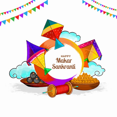 Makar sankranti celebration with colorful kites card backgroundのイラスト素材