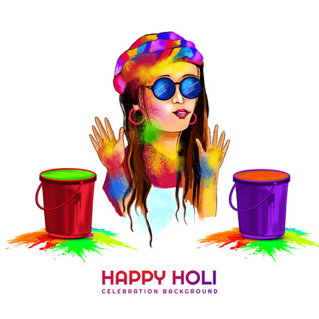 Hand draw fun women character celebrate colorful holi card backgroundのイラスト素材