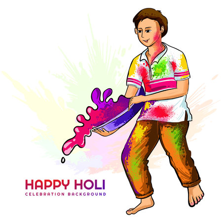Hand draw fun man character celebrate colorful holi card backgroundのイラスト素材