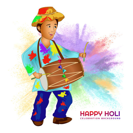 Hand draw fun man character celebrate colorful holi card backgroundのイラスト素材