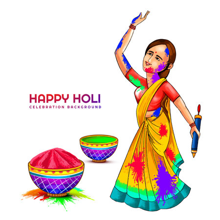 Hand draw fun women character celebrate colorful holi card backgroundのイラスト素材