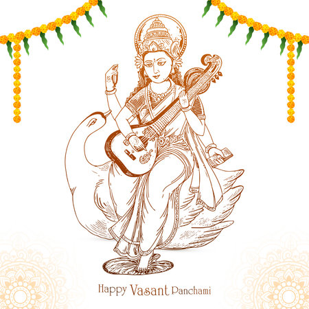 Hand draw indian god saraswati maa on vasant panchami card designのイラスト素材