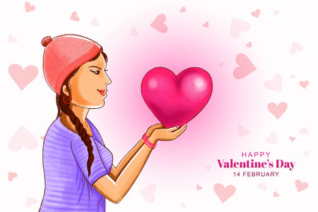 Beautiful cute girl hand holding heart for valentines day celebration card backgroundのイラスト素材