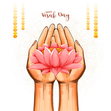 Buddha purnima or vesak card with hand holding lotus flower backgroundのイラスト素材