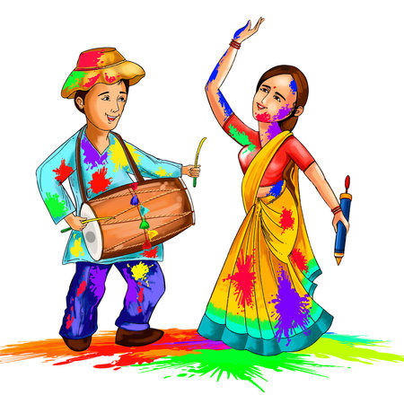 Hand draw fun couple dance celebrate colorful holi card backgroundのイラスト素材