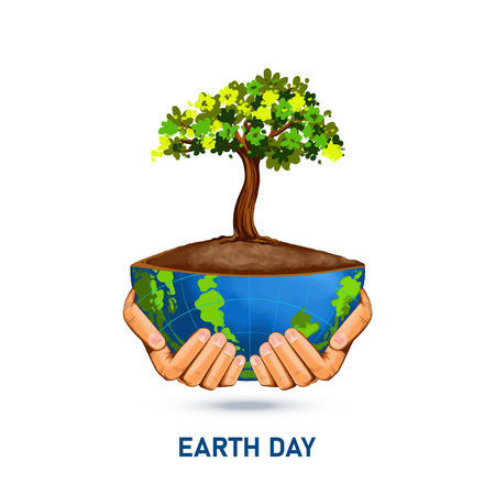 Hand holding tree with half globe concept happy earth day backgroundのイラスト素材