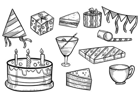 Set of happy birthday doodles sketch of party icon designのイラスト素材