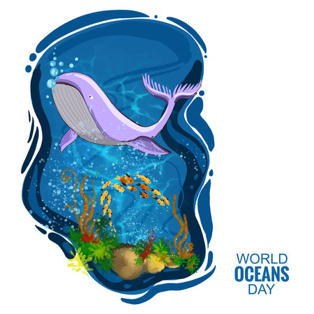 World oceans day large whale and fish were swimming underwater designのイラスト素材