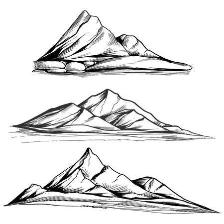 Hand draw landscape with mountain outline set sketch designのイラスト素材