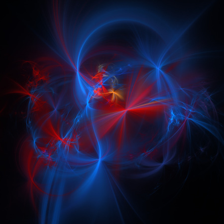 Red and blue energetic fractal on a black backgroundの写真素材
