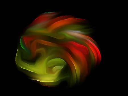 Green and orange fractal swirl on a black background. Perfect for design work, backgrounds or desktop wallpapers.の写真素材