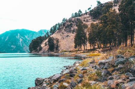 Panoramic image of Segara Anak Lake in Mount Rinjani, Lombok, Indonesiaの写真素材