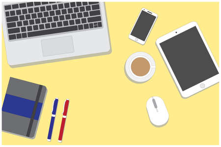 Set of flat vector design illustration of modern business office and workspace. Top view of desk background with laptop, digital devices and notepad. work from home.のイラスト素材